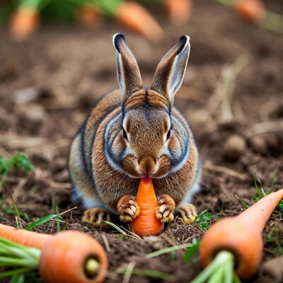 Rabbit eating carrot in garden