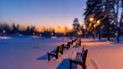 Snowy benches in winter sunset