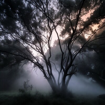 Misty Tree in Foggy Sunrise