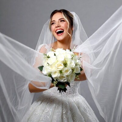 Bride laughing with white roses