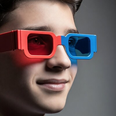 Boy wearing red blue 3D glasses