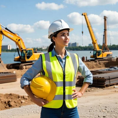 Woman in hi-vis vest holding hard hat