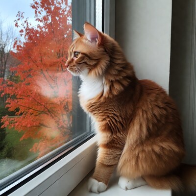 Orange cat gazing at autumn trees
