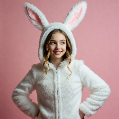 Girl in white bunny costume smiling