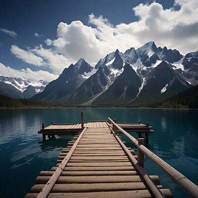 Wooden Pier on Turquoise Lake with Mountains