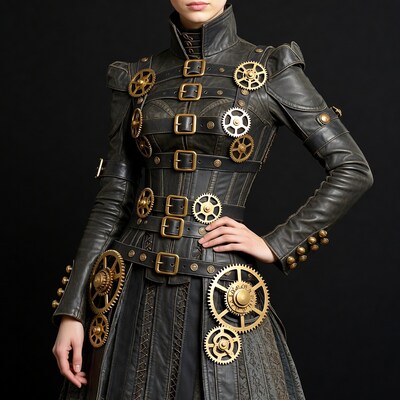 Woman in steampunk leather dress