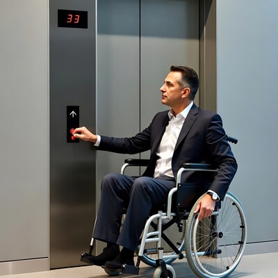 Man in wheelchair pressing elevator button