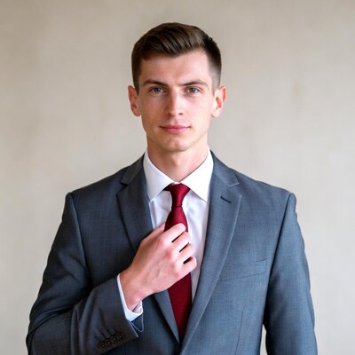 Man adjusting red tie in gray suit