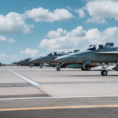 Row of Eurofighter Typhoon jets on runway