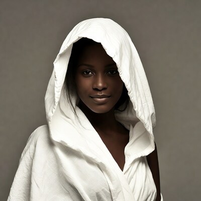 African-American woman in white hooded robe