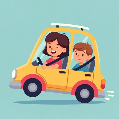 Mom driving car with smiling boy