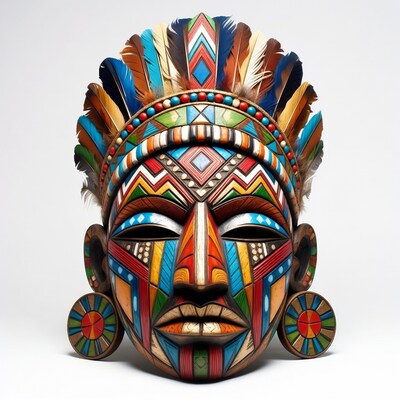 Colorful tribal wooden mask with feathers