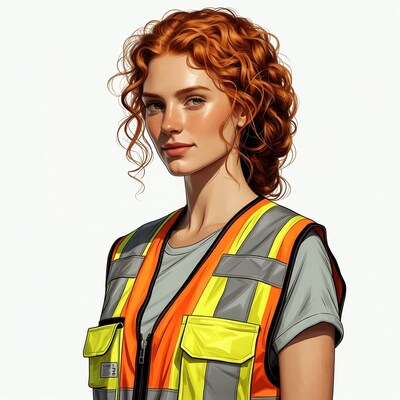 Redhead woman in safety vest