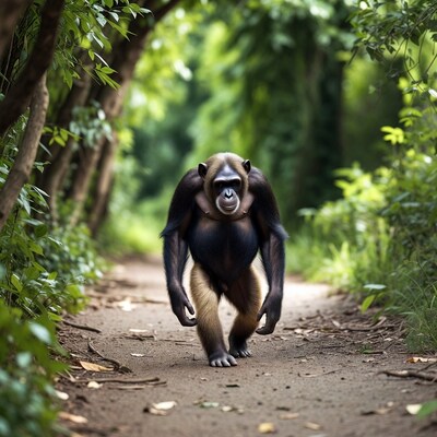 Chimpanzee walking on forest path