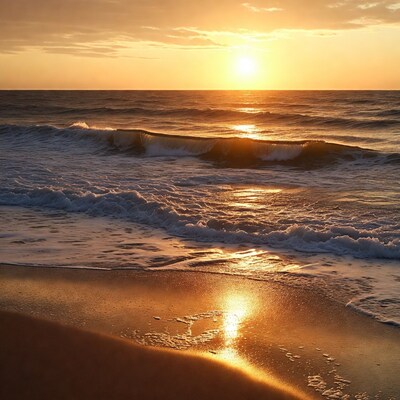 Sunset over ocean waves and beach