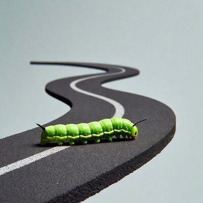 Green caterpillar on curved road