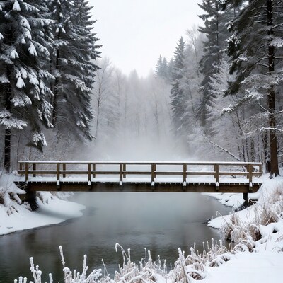 Snowy Wooden Bridge Over Forest River