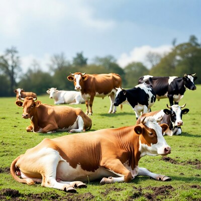 Herd of cows grazing on green pasture