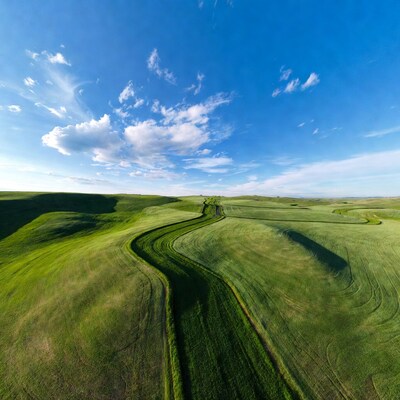 Winding path through green rolling hills