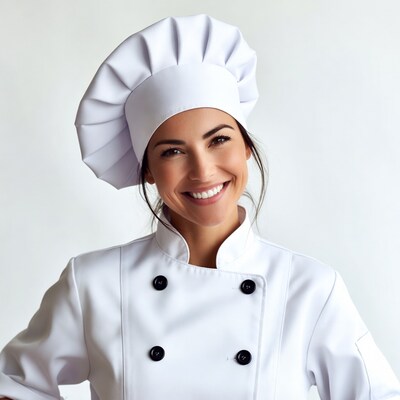Smiling woman in white chef uniform