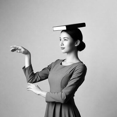 Asian woman balancing book on head