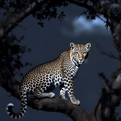 Leopard sitting on tree branch at night