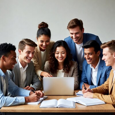 Diverse team collaborating on laptop