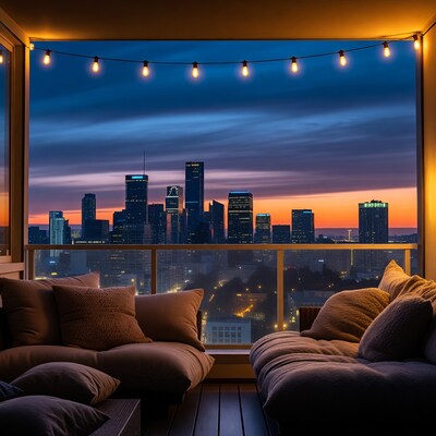 Cozy Balcony Overlooking City Skyline at Dusk