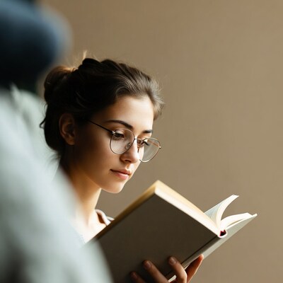 Woman reading book with glasses