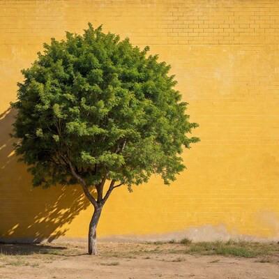 Green tree against yellow brick wall