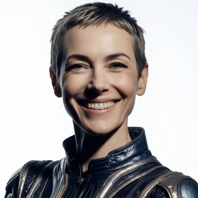 Smiling woman in metallic leather jacket