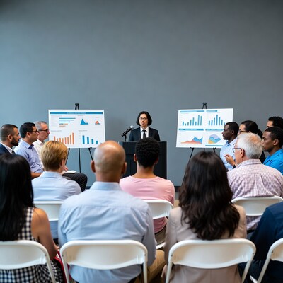 Asian woman presenting charts to diverse business meeting