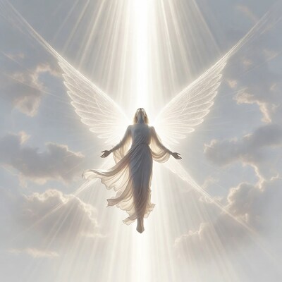 Winged Angel Woman Flying in Clouds