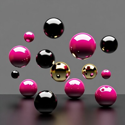 Shiny pink black gold spheres floating