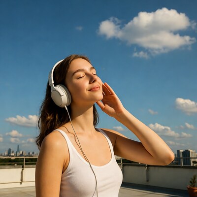 Young woman listening to music on rooftop