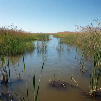 Reeds in Marsh with Calm Water