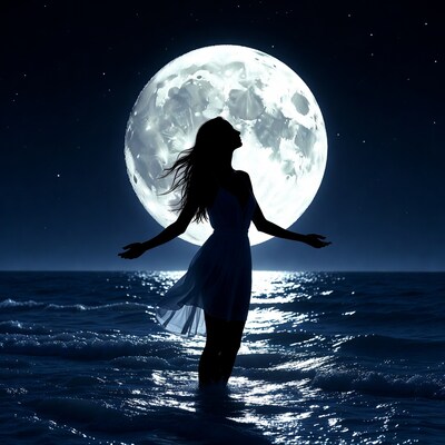 Woman silhouette gazing at moon in ocean