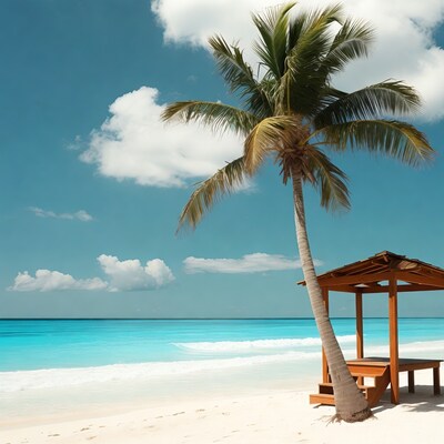 Palm tree by beach hut