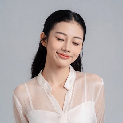 Asian woman smiling in sheer blouse