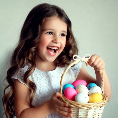 Girl holding Easter basket with eggs