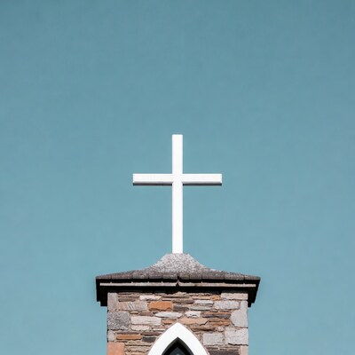 White Cross on Stone Steeple