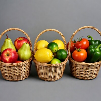 Three Wicker Baskets of Fresh Fruits Vegetables