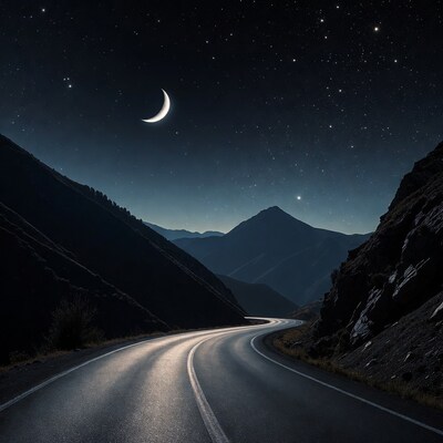Curvy mountain road under starry sky