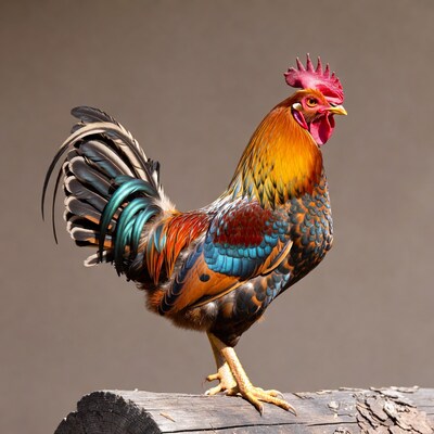 Colorful Rooster Standing on Log