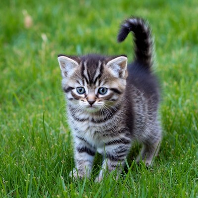Tabby kitten on green grass