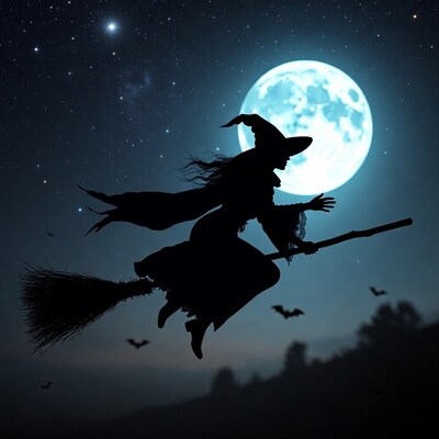Silhouette witch flying on broomstick