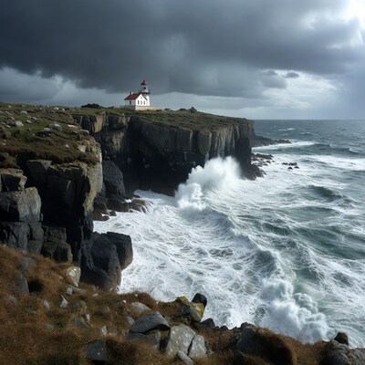 Lighthouse on cliff during stormy sea