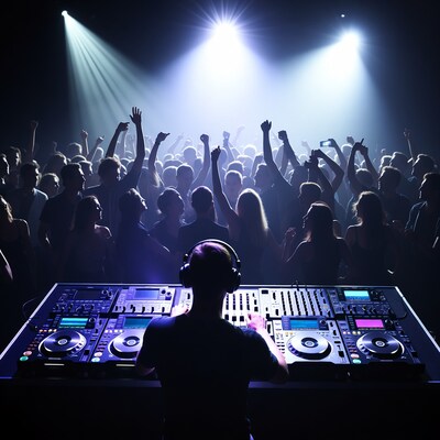 DJ woman performing at crowded nightclub
