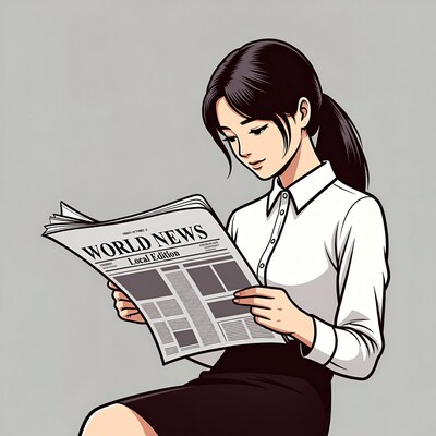 Asian woman reading newspaper illustration