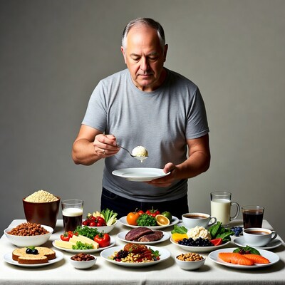 Senior man eating yogurt at healthy food table